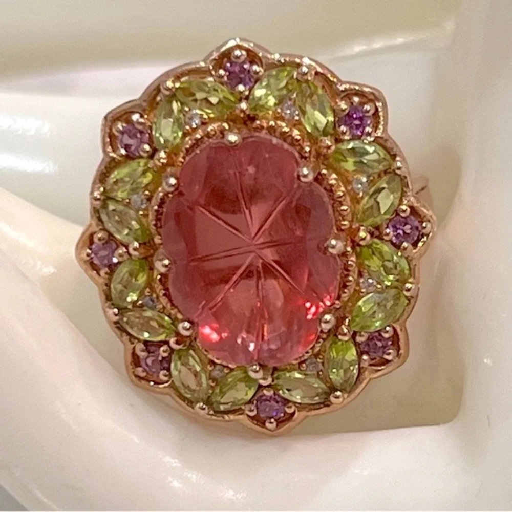 Salmon Quartz Multigemstone 14K RG Sterling Silver Cocktail Statement Ri… - Picture 3 of 10